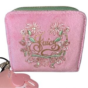 Juicy Couture Cherry Blossom Pink Velour Zip Around Wallet Y2K FloralEmbroidered